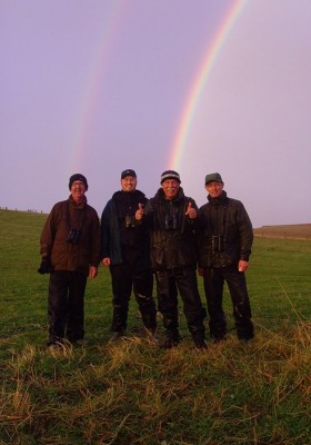 As the sun set, the rain stopped and the last rays of sunshine produced a massive double rainbow. Pretty confident ‘team lancy’ began to celebrate. Despite sodden clothing and some literally shivering bodies, this was the moment which all members of the Shetland Nature tour rated as the best. Left to right: Graham, Paul, Chris and Andrew.
